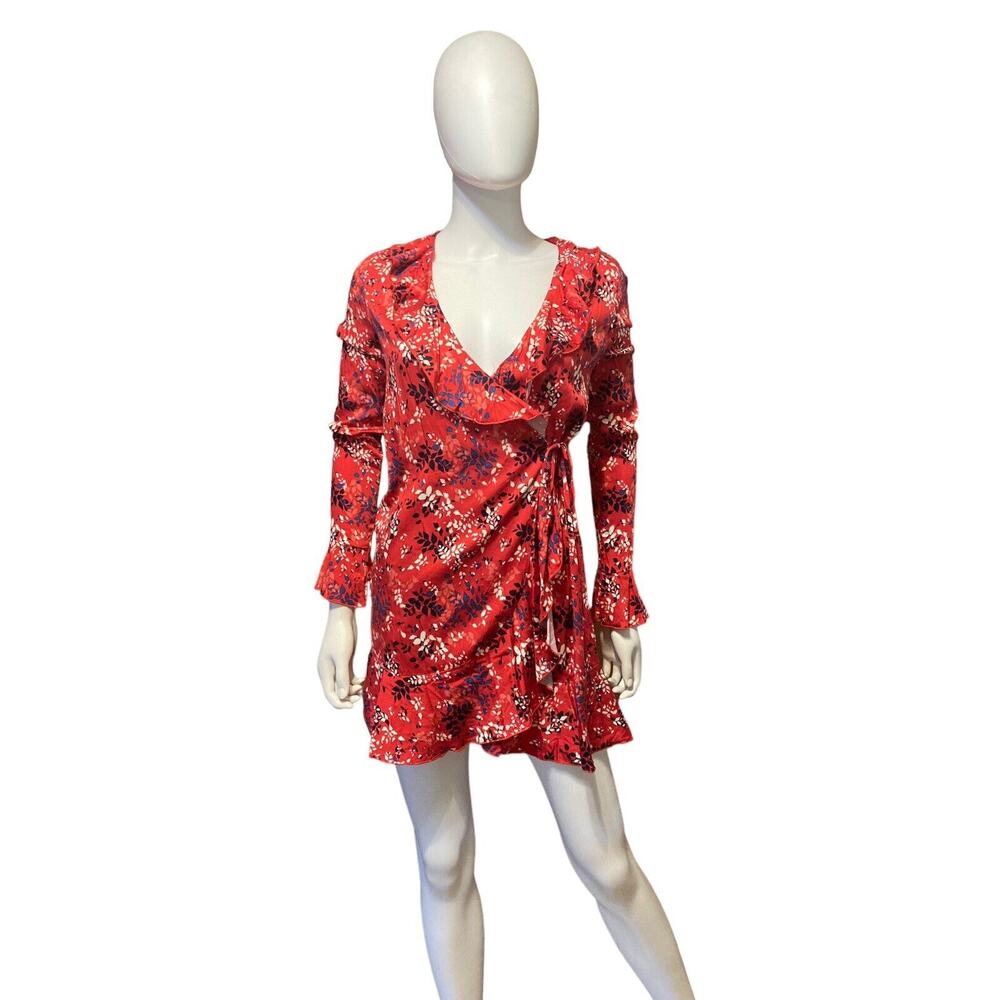 Urban Outfitters Red Floral Long Sleeve Mini Wrap Dress Size S